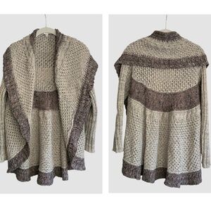 Cabi Crochet Knit Mixed Stitch Grey Brown Cardigan Shawl Cotton Sweater SZ S